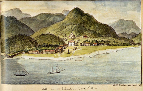 Pintura de Debret datada de 1827 retrata mercado de escravos e pelourinho em Villa Bella da Princesa